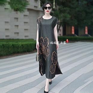 醋酸连衣裙2026夏装新款贵夫人中年妈妈香云纱大码宽松显瘦长裙子