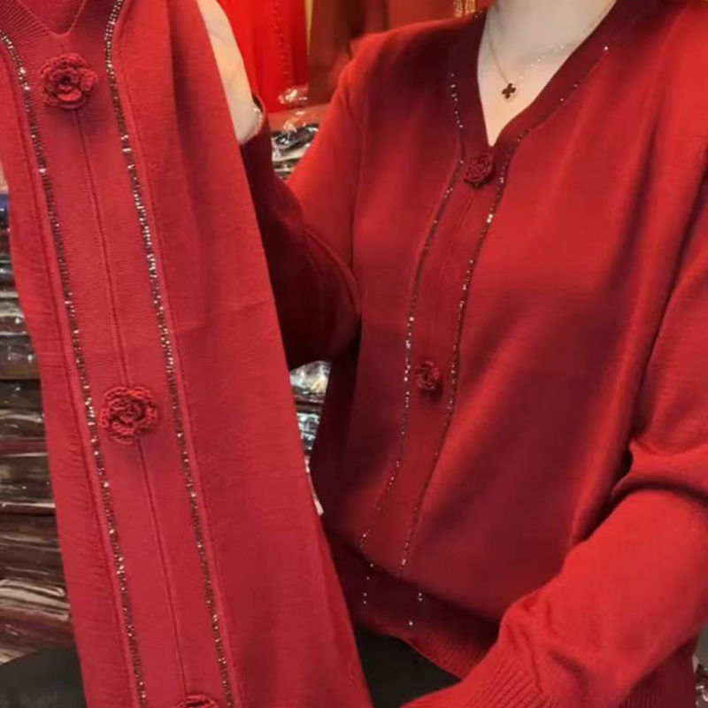 玫瑰绒花针织衫纯色妈妈减龄上衣