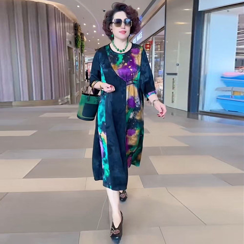 欧货真丝大码国风连衣裙减龄裙子