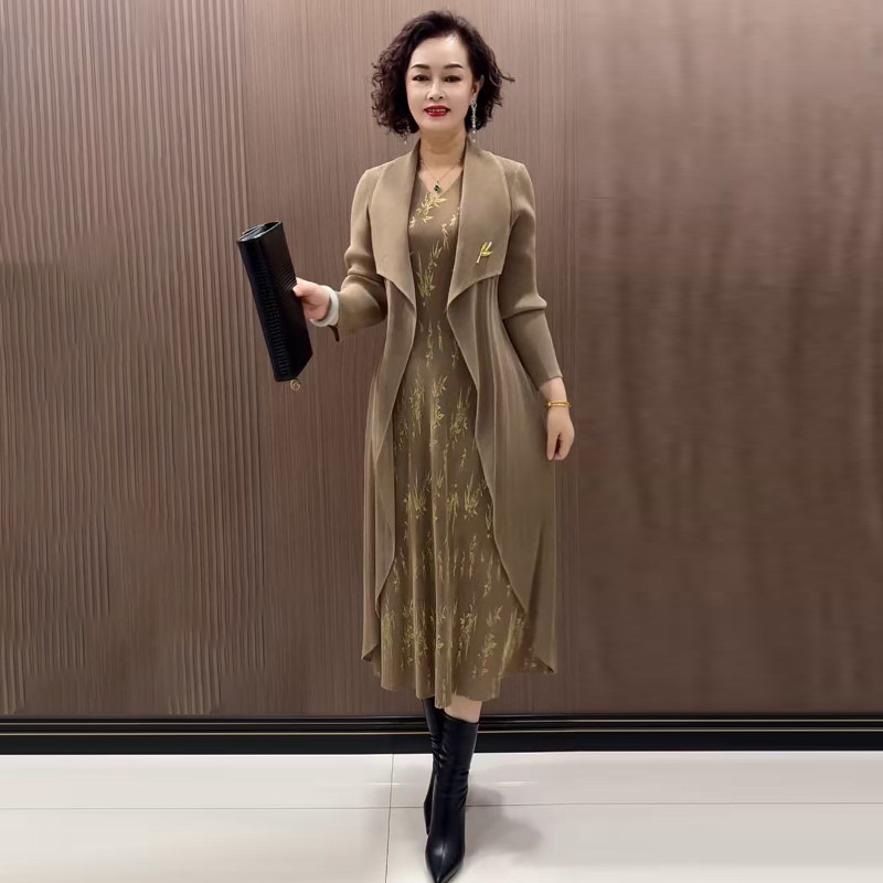 富贵竹假两件妈妈连衣裙过膝长裙