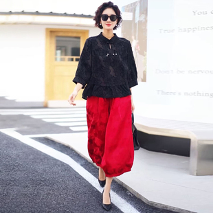 新中式国风立领盘扣剪花衬衫宽松遮肚裙摆上衣阔腿裤洋气显瘦套装