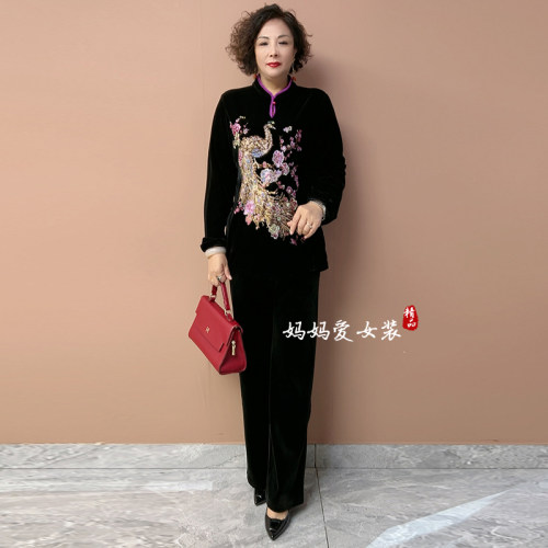 复古丝绒烧花大码上衣女妈妈套装