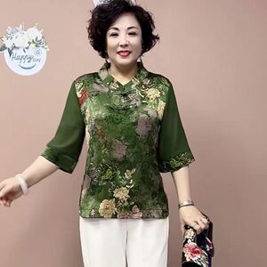 重磅真丝大码上衣中老年妈妈装2023夏季新款宽松显瘦桑蚕丝衬衫女