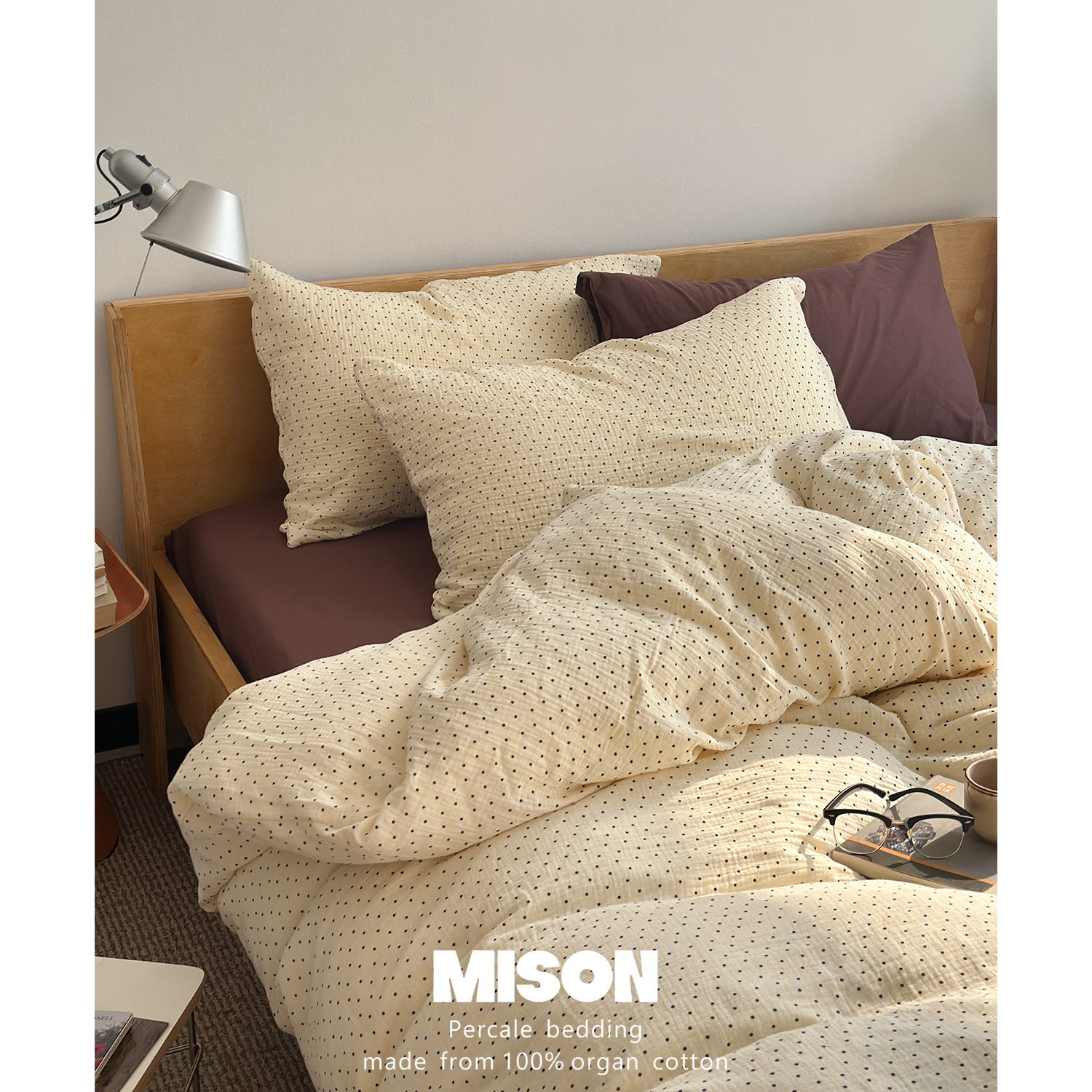 弥生ins波点米黄皱皱纱全棉四件套柔软纯棉床单床笠床上4件套简约