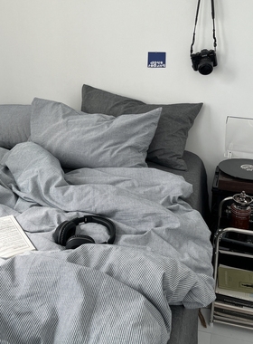 Mose摩西条纹水洗棉床上四件套全棉纯棉床单床笠款三件套男士简约