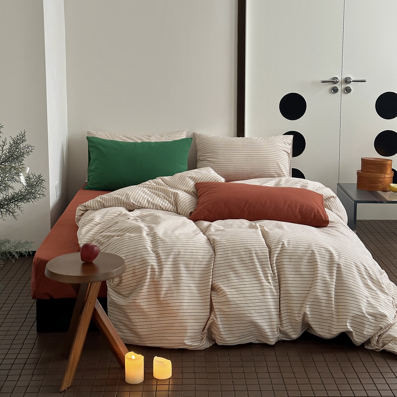 圣诞红条纹四件套水洗棉ins简约