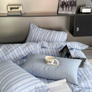 沿海公路|蓝白条水洗棉床上四件套全棉纯棉床单床笠三件套ins简约