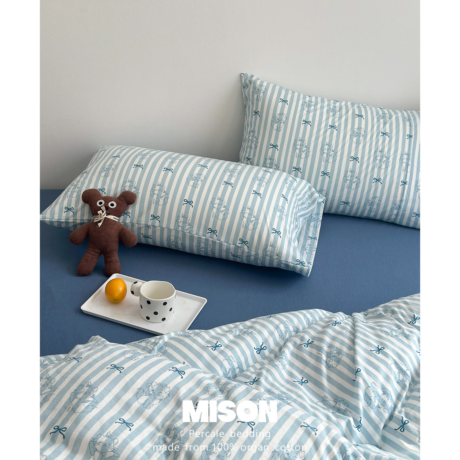 蓝条猫咪针织棉全棉四件套A类纯棉床单床笠床上4件套ins简约卡通