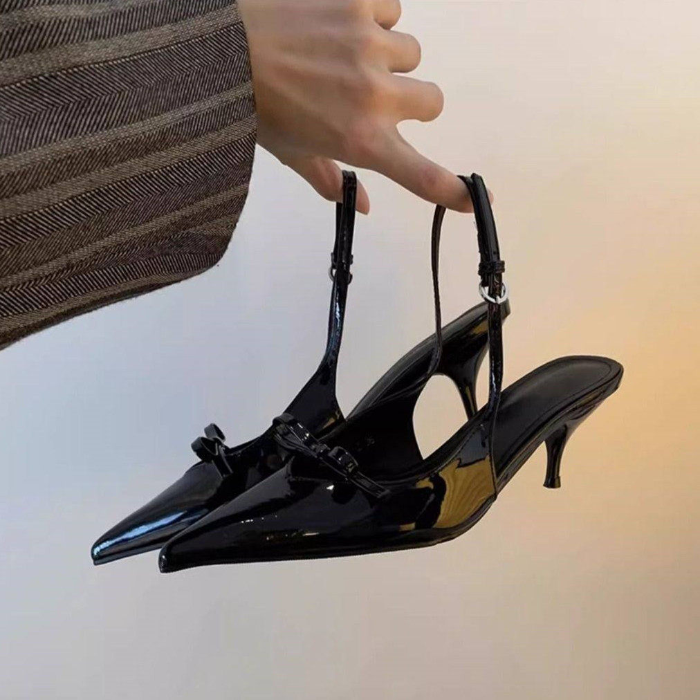 2026春轻熟风尖头蝴蝶结高跟鞋女黑色漆皮细跟后绊带百搭气质单鞋,女鞋,浅口单鞋,淘宝优惠券,粉丝福利购,淘宝优惠卷