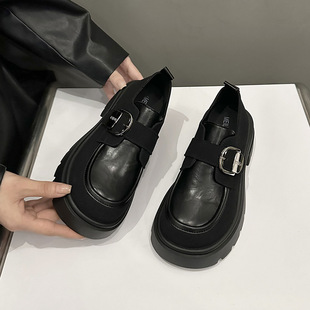 厚底黑色小皮鞋女扣子新款春秋英伦风粗跟增高圆头日系jk乐福单鞋