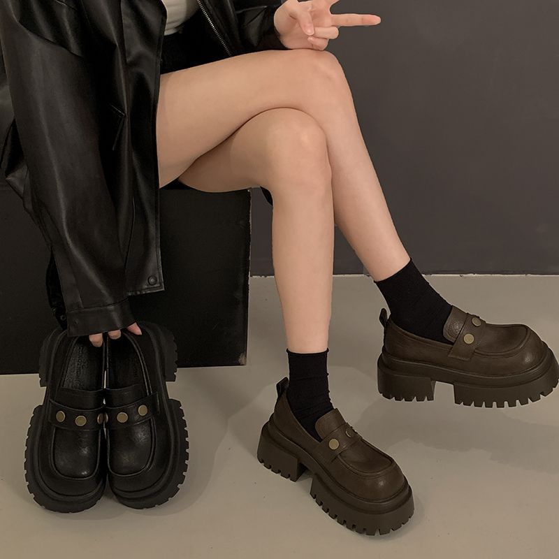 配裙子小皮鞋女2025新款秋冬一脚蹬粗跟厚底增高百搭黑色乐福