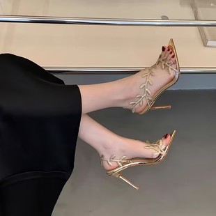 高品质~设计感金枝玉叶金色凉鞋2026夏季ins细跟尖头露趾高跟鞋女