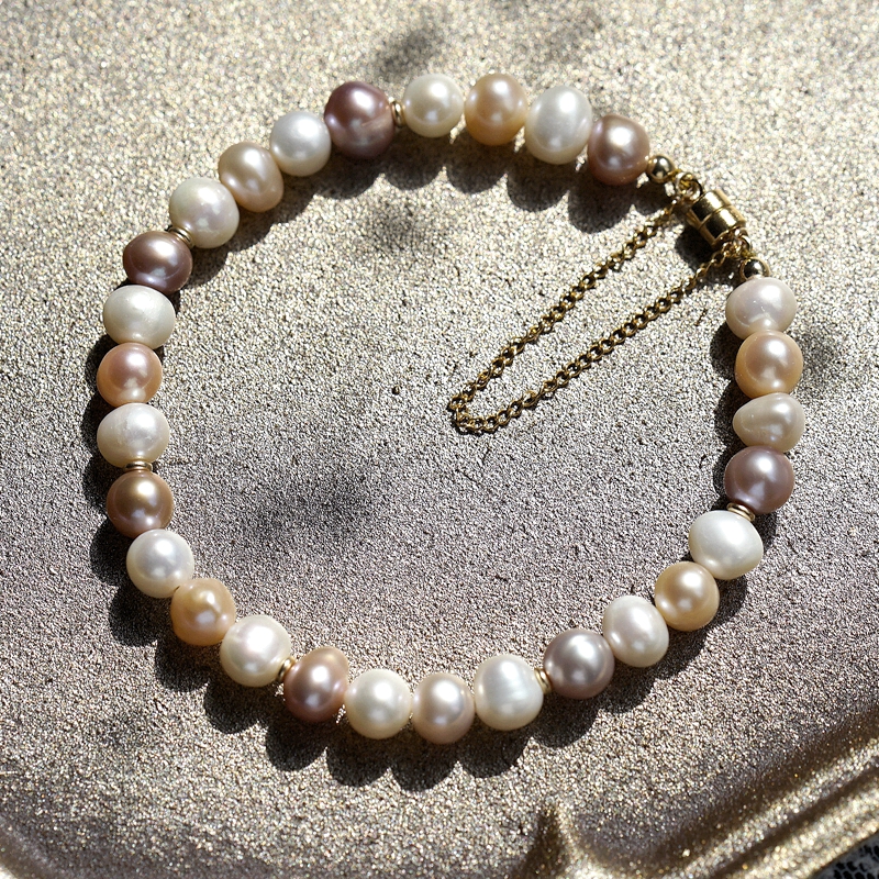 侯月/天然糖果色渐变花式珍珠近圆磁扣手链紫色新款进口14KGF注金