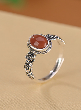 新中式S925纯银天然和田玉碧玉南红复古做旧玫瑰花蛋面旺财戒指女