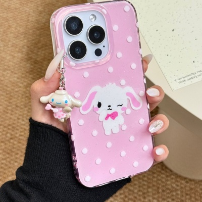 粉白波点甜点兔苹果16promax双层iphone15闪粉14可爱少女心手机壳