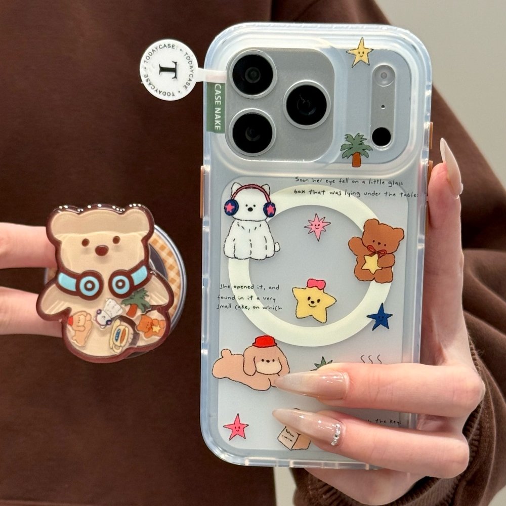 耳机小熊插画苹果17pro双层iphone16磁吸支架15可爱14磨砂手机壳