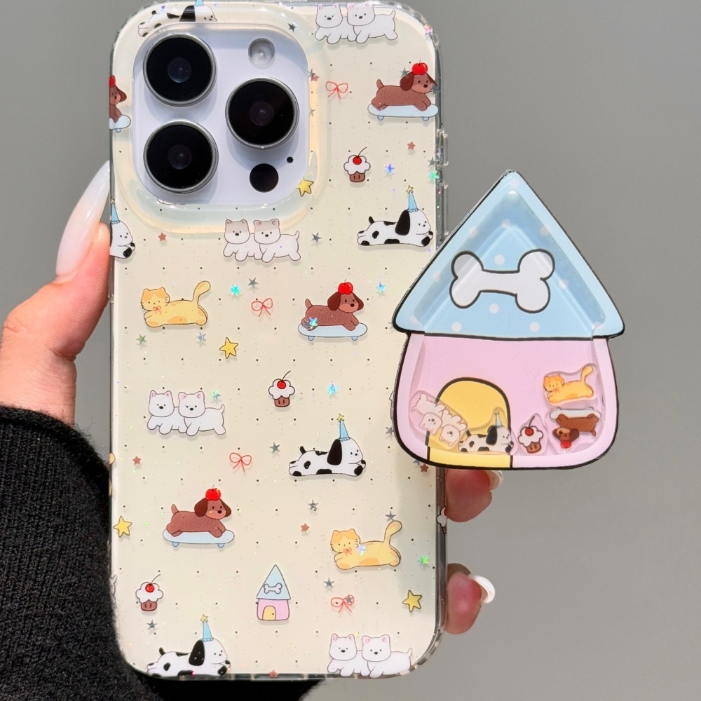奶黄色闪粉修狗适用苹果16promax双层iphone15可爱14支架手机硬壳
