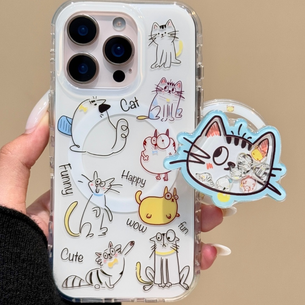 涂鸦线条猫咪表情包苹果16pm可爱iphone15双层14磁吸13支架手机壳