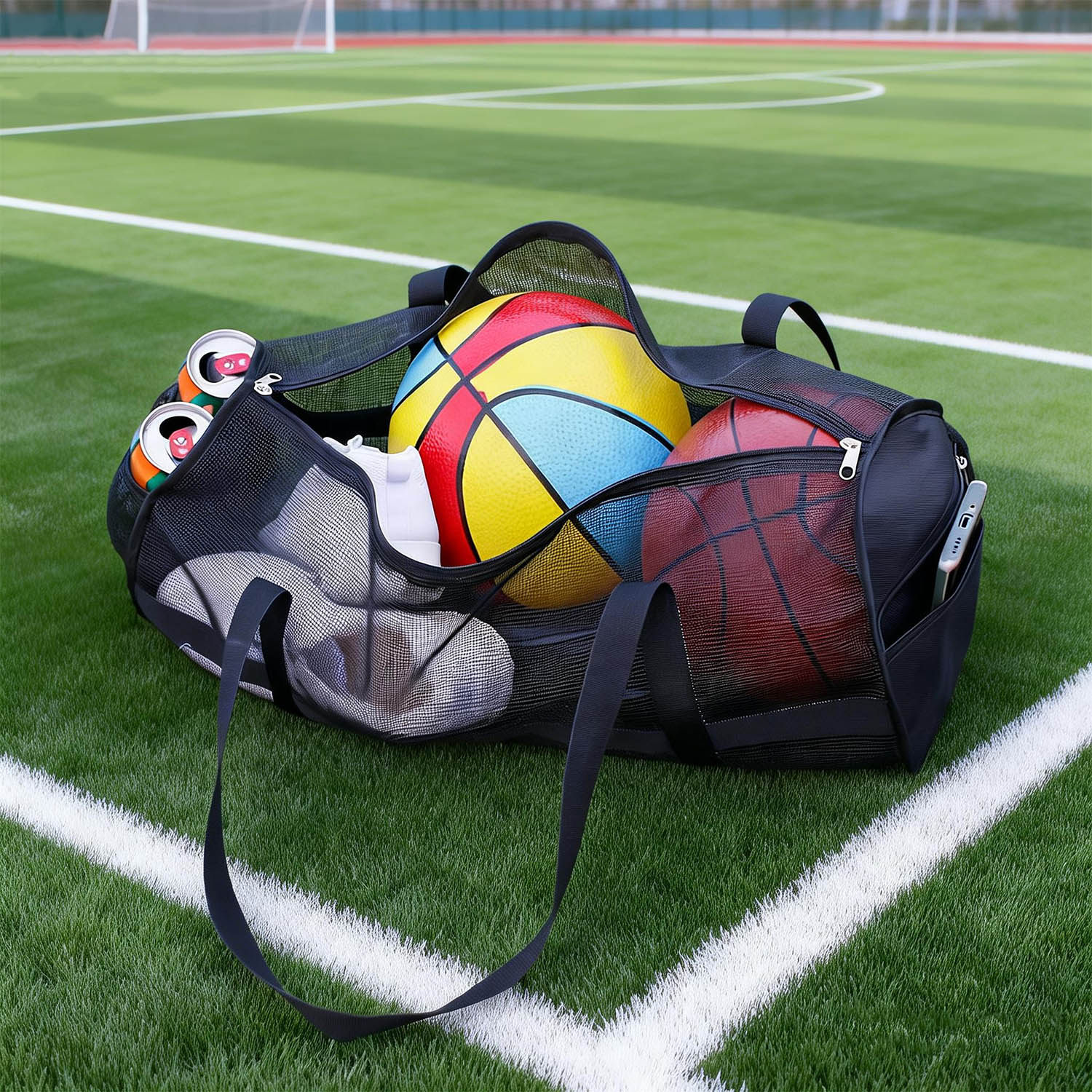 大容量篮球足球收纳包黑色网格手提运动瑜伽健身训练 PVC结实便携