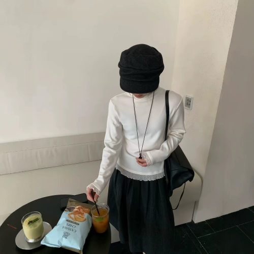 秋冬蕾丝花边高领长袖打底T恤女