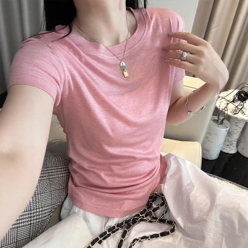 气质款莱赛尔蚕丝短袖女2026春夏弹力遮肉显瘦轻薄款纯色T恤上衣