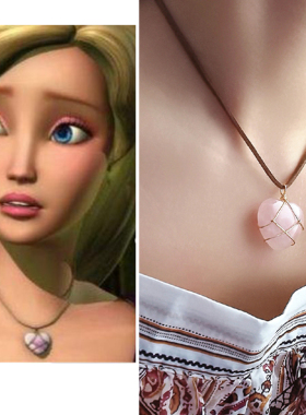 天然水晶女芭比城堡爱心粉晶项链