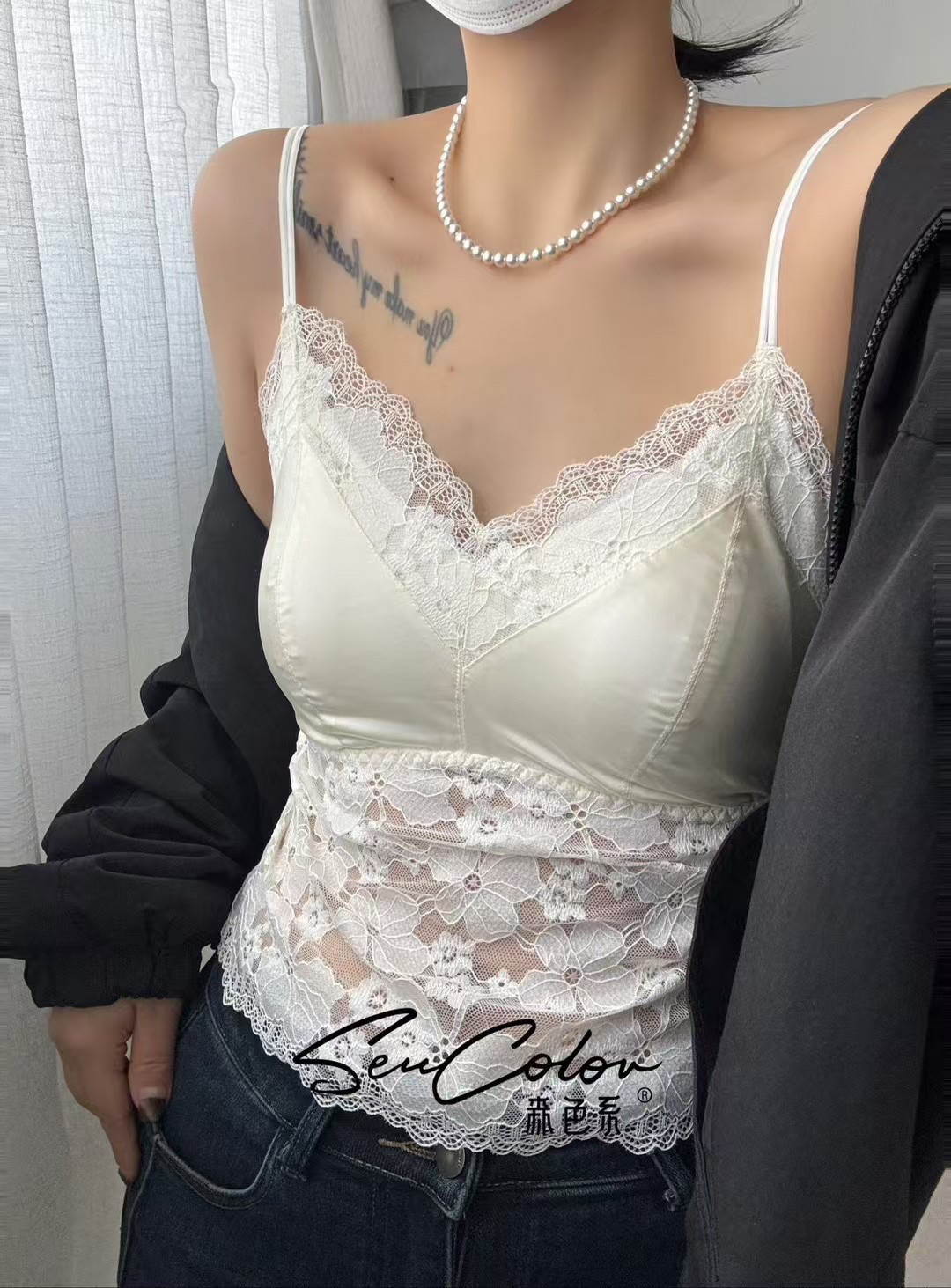 黛美芮88601新蕾丝花边美背吊带背心女内搭打底蝴蝶缎面一体内衣