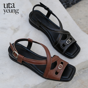 utayeung 漫步凉鞋 原创设计师明线坡跟真皮手工女凉鞋