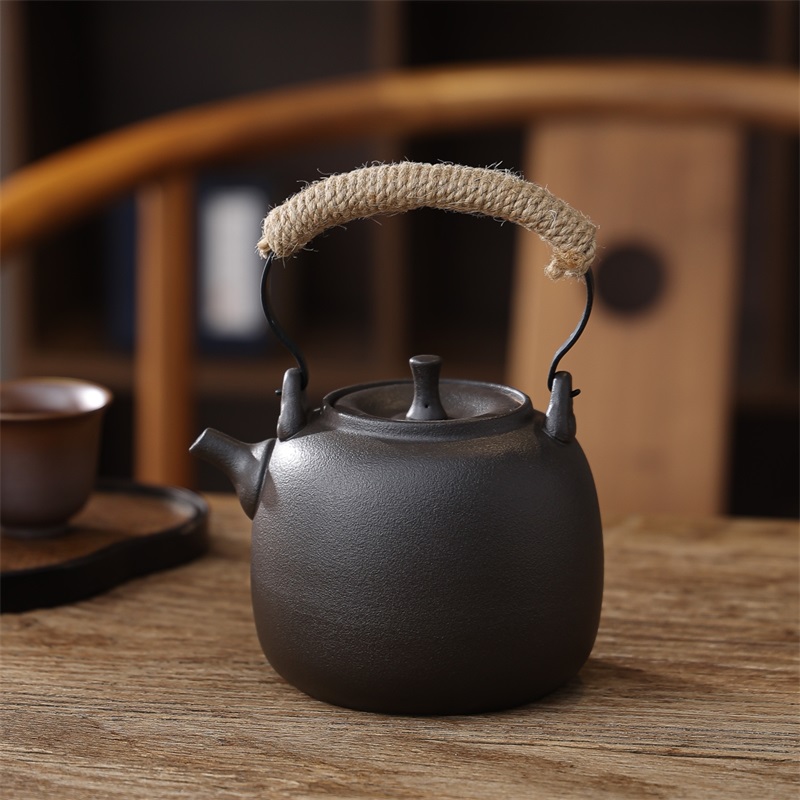 日式黑岩釉煮茶壶围炉煮茶明火陶壶电陶炉烧水提梁壶炭炉功夫茶具
