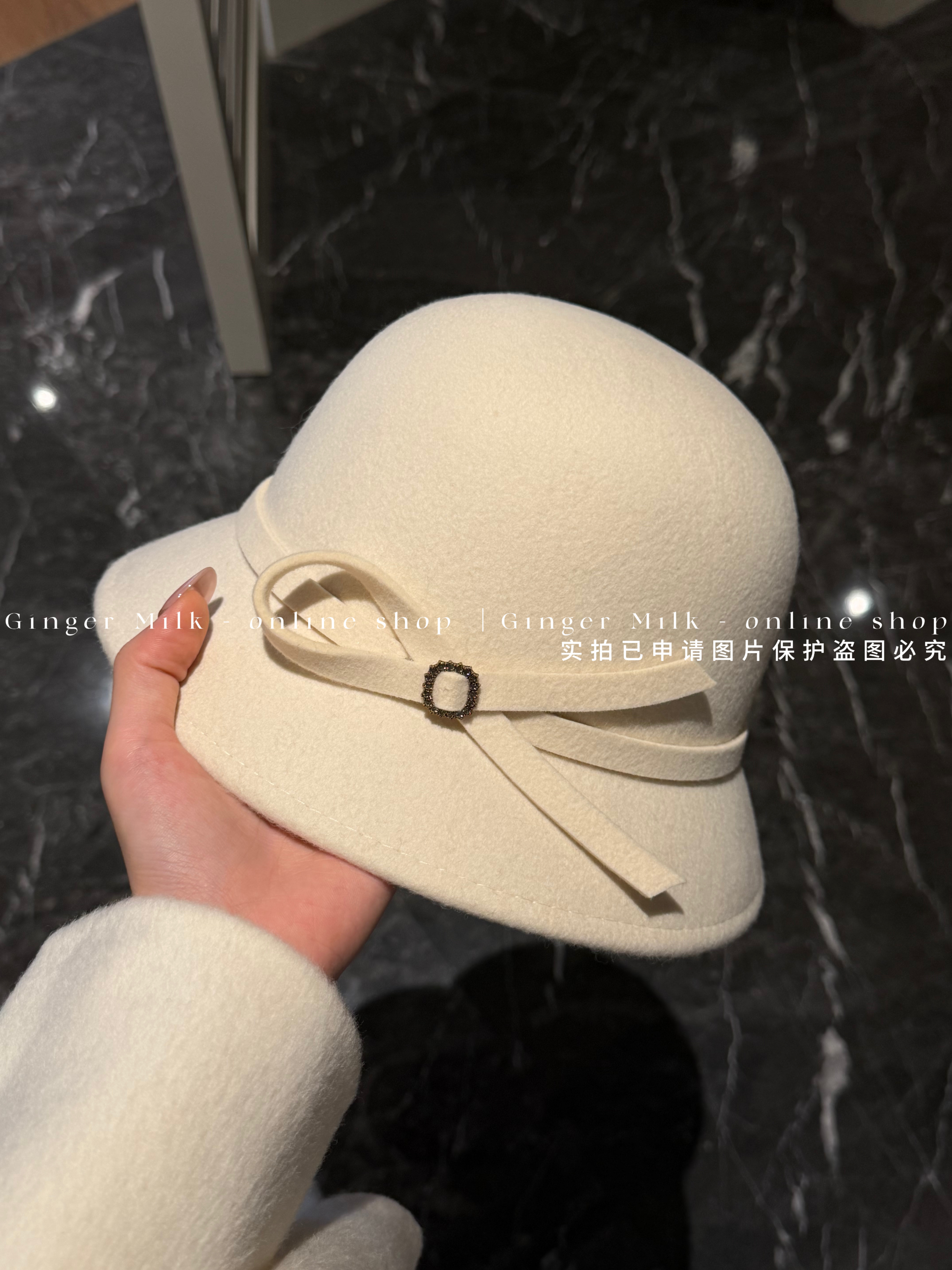 Ginger Milk 四色 新款羊毛圆顶盆帽～蝴蝶结小方钻秋冬搭配帽子图片