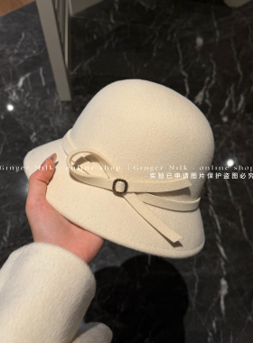 Ginger Milk 四色 新款羊毛圆顶盆帽～蝴蝶结小方钻秋冬搭配帽子