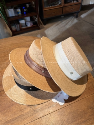 Ginger Milk春夏新品 三色真丝麻带chao细编拉菲草平顶帽赫本遮阳