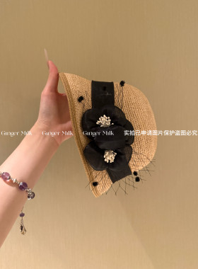GingerM 韩立体泡泡纱花朵手钩拉菲草盆帽复古名媛夏小众高级帽