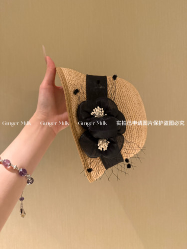 GingerM 韩立体泡泡纱花朵手钩拉菲草盆帽复古名媛夏小众高级帽