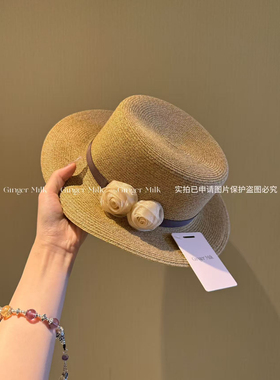 GingerM 细辫d家纱制玫瑰花平顶草帽女款时尚气质千金礼帽度假