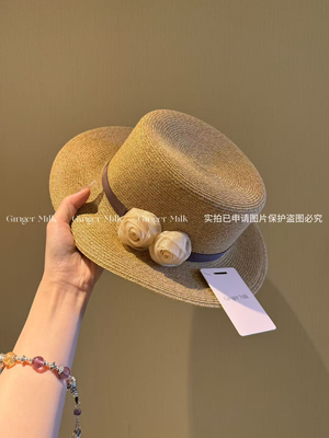 GingerM 细辫d家纱制玫瑰花平顶草帽女款时尚气质千金礼帽度假