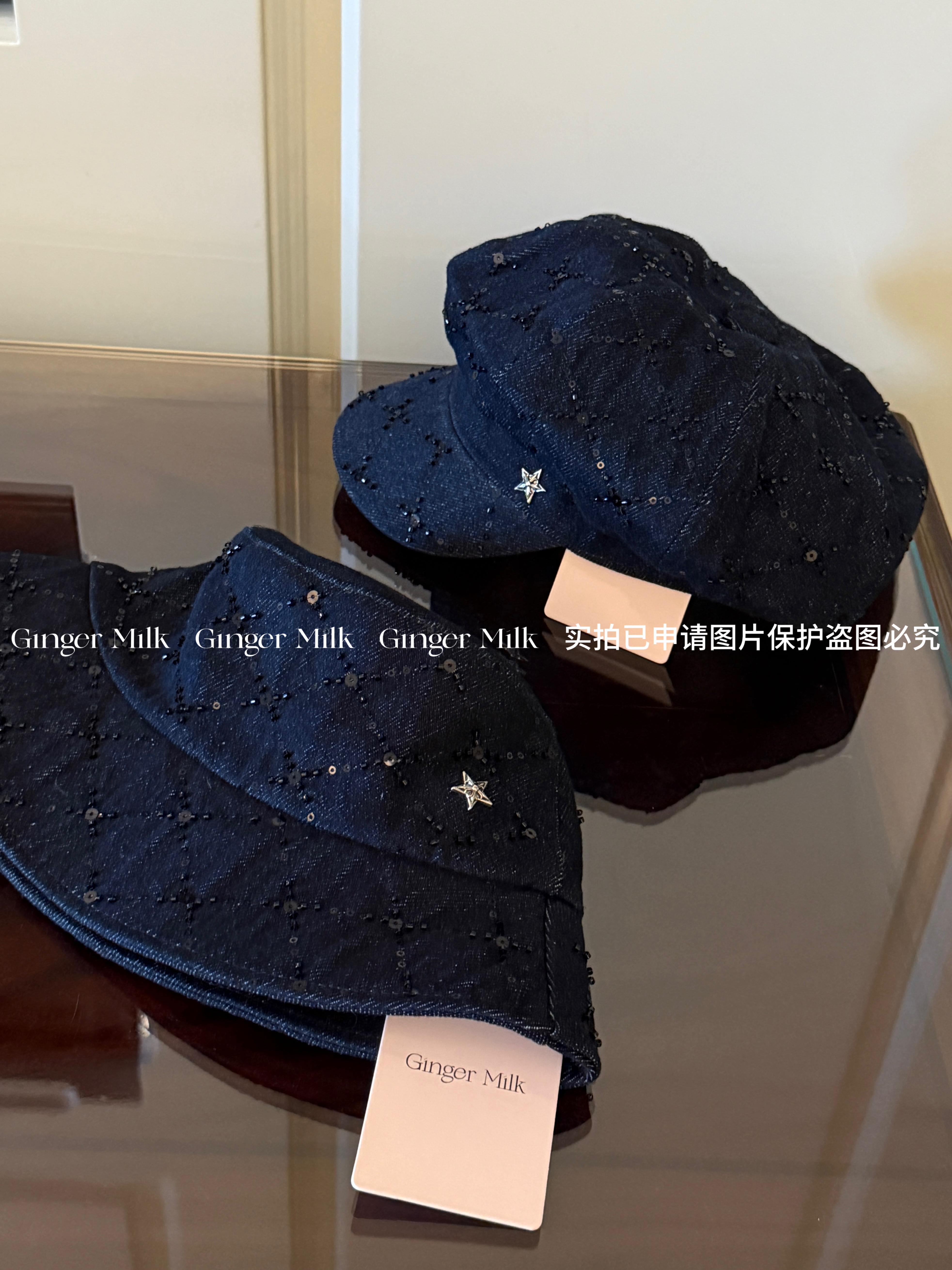 GingerMilk 定制重工亮片克l心星星渔夫帽大版型贝雷八角报童帽