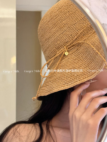 GingerM 原创小金扣手钩细编拉菲草帽蝴蝶结系带圆顶草帽平檐遮阳