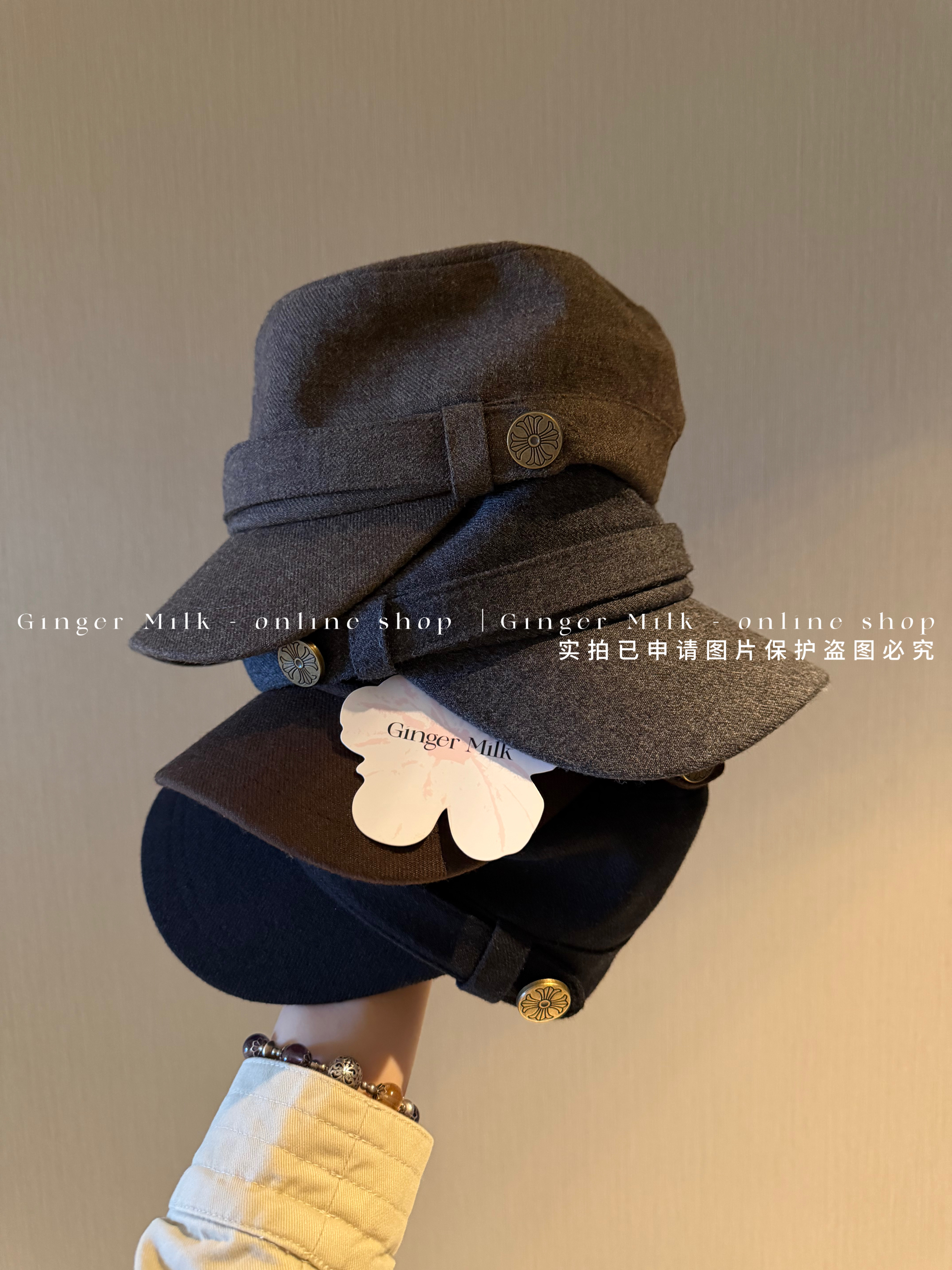 Ginger Milk 四色博主同款马术帽高级小众时尚平顶鸭舌帽图片