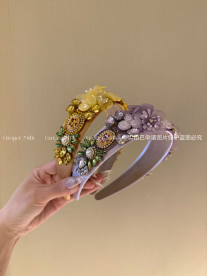 GingerM 重工ji繁发箍气质贵气千金镶钻时尚宽发饰复古花朵美绝