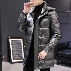 羽绒服男中长款2023新款冬季休闲亮面轻薄白鸭绒大码冬装连帽外套