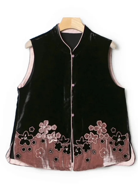 【小李不讲李呀】丝绒撞色钉珠刺绣立领马甲TZ2724-衣长58起