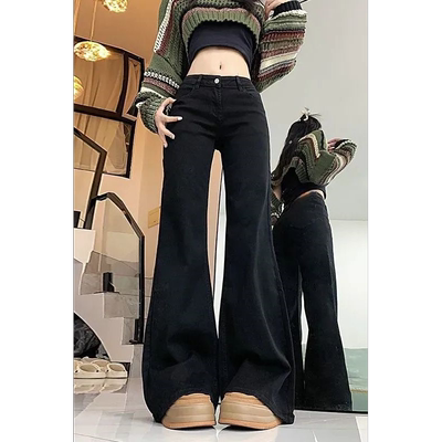 黑色不贴微喇辣妹牛仔裤女春秋设计感低腰新款显瘦宽松阔腿拖地裤
