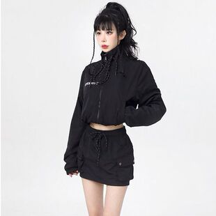 芭比姨黑色冲锋衣防嗮衣女春夏工装包臀裙小个子辣妹运动套装女潮