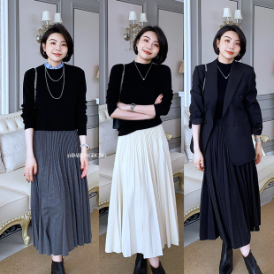 百褶裙 松紧腰显瘦压褶a字半身裙女春秋新长款 大洪洪 缪斯百褶