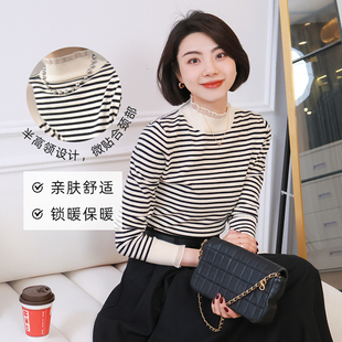 松弛叠搭 女打底衫 冬季 木耳边条纹针织衫 内搭套头毛衣 款 大洪洪