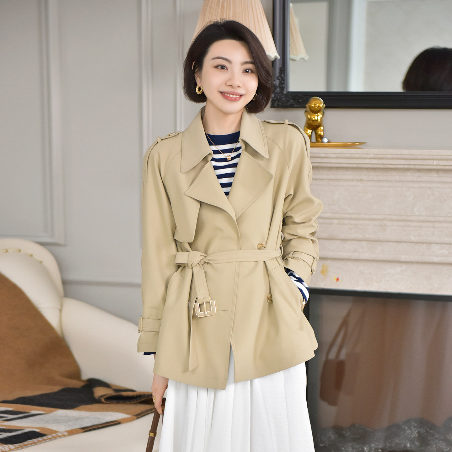 大洪洪【伦敦晨雾】春新款高级感中长款风衣女小个子时尚百搭外套