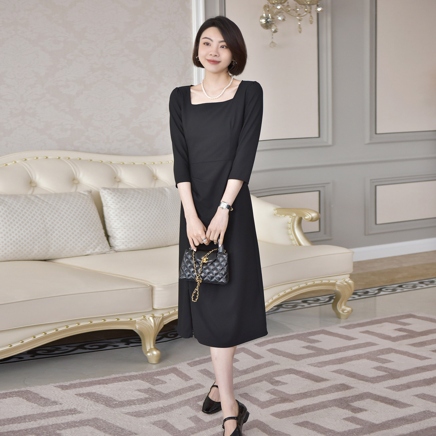 大洪洪【暮光玫瑰】春新款方领显瘦连衣裙女A字收腰中袖小黑裙