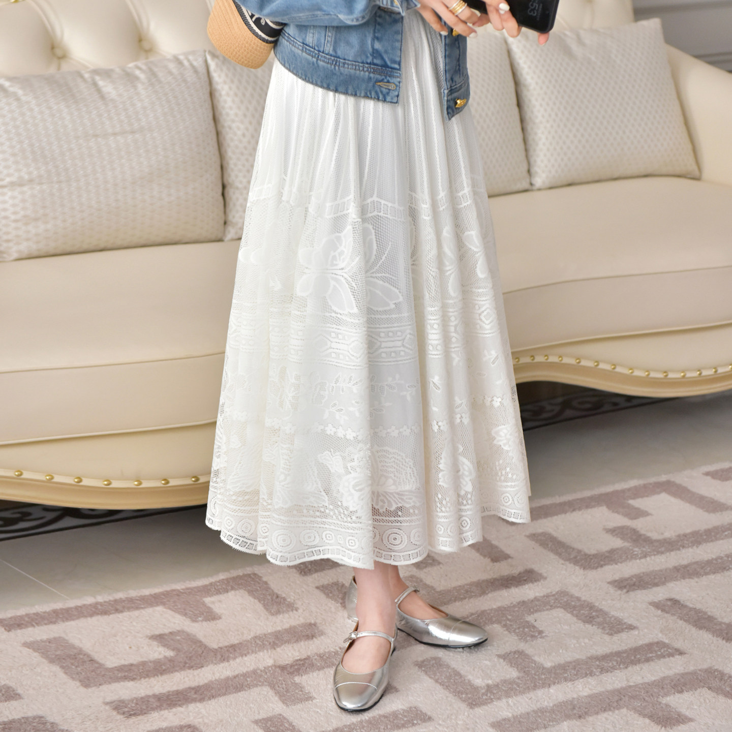 大洪洪【花漾年华】春新款蕾丝重工提花A字半身裙松紧腰百搭伞裙