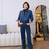 休闲格调 春秋款 翻领长袖 大洪洪 蓝色叠穿牛仔衬衫 女小个子衬衣